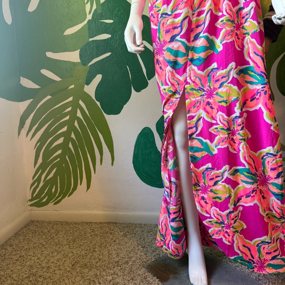 Bright Neon Pink Floral Maxi One-Piece Dress with Slit - Picture 3 of 7